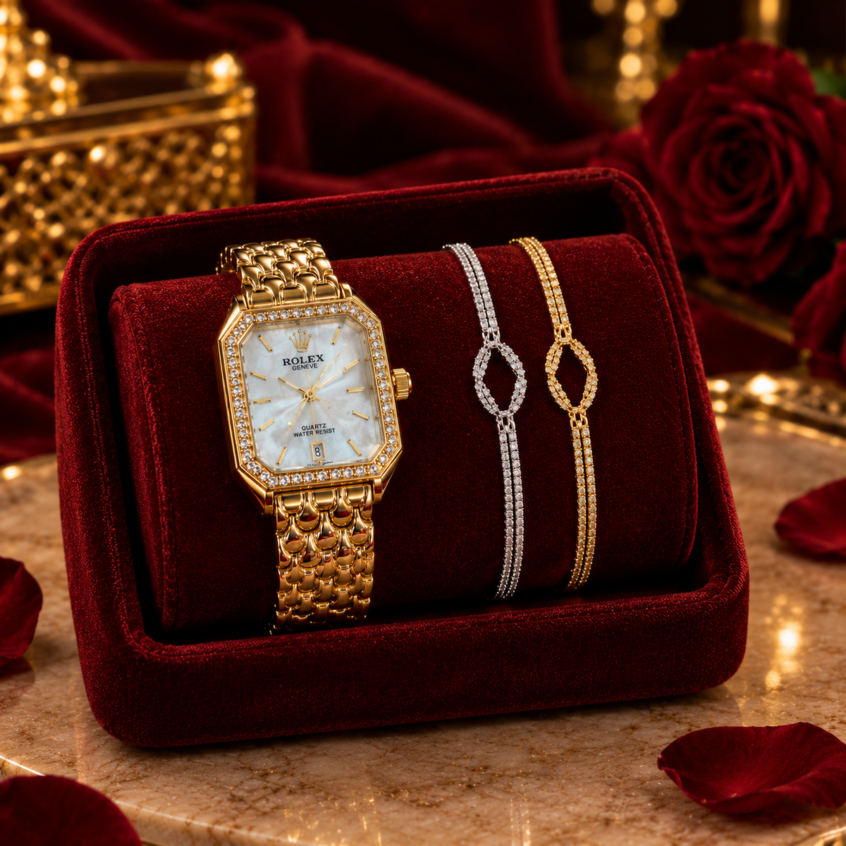 Pack Cadeau Femme – Montre de Luxe & 2 Gourmettes Offertes